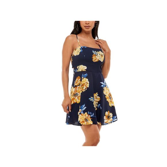 B DARLIN Womens Tie-back Spaghetti Strap Square Neck Mini Fit + Flare Dress - Picture 1 of 1